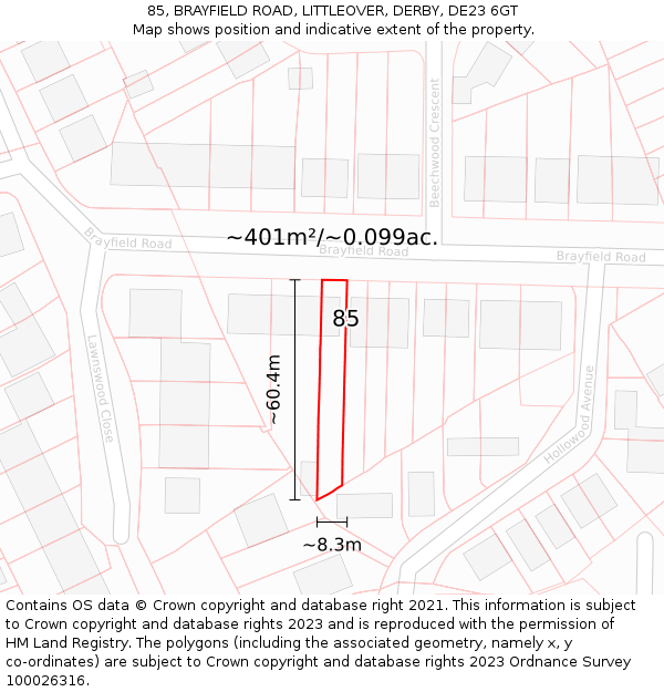 85, BRAYFIELD ROAD, LITTLEOVER, DERBY, DE23 6GT: Plot and title map