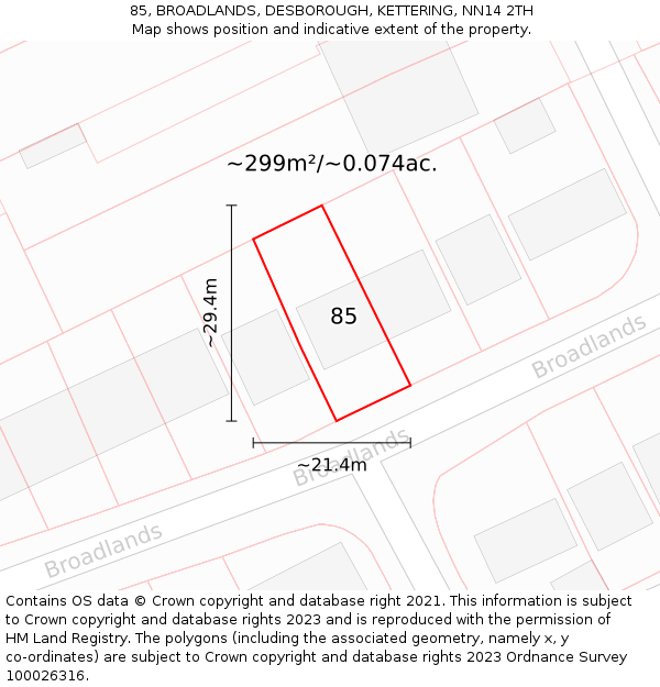 85, BROADLANDS, DESBOROUGH, KETTERING, NN14 2TH: Plot and title map