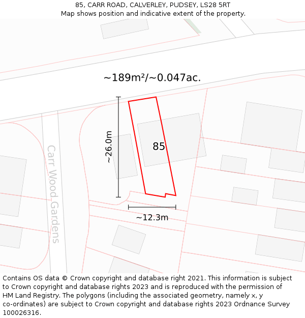 85, CARR ROAD, CALVERLEY, PUDSEY, LS28 5RT: Plot and title map