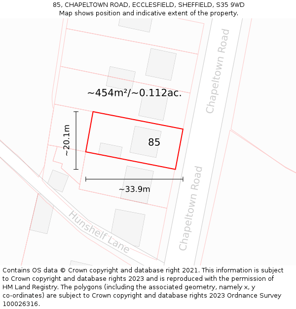 85, CHAPELTOWN ROAD, ECCLESFIELD, SHEFFIELD, S35 9WD: Plot and title map