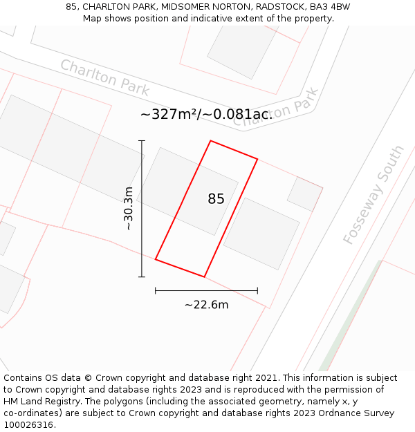 85, CHARLTON PARK, MIDSOMER NORTON, RADSTOCK, BA3 4BW: Plot and title map