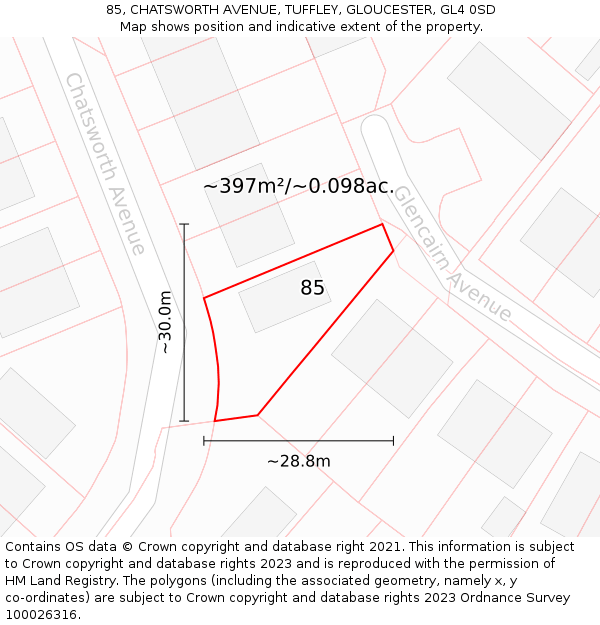 85, CHATSWORTH AVENUE, TUFFLEY, GLOUCESTER, GL4 0SD: Plot and title map