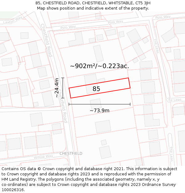 85, CHESTFIELD ROAD, CHESTFIELD, WHITSTABLE, CT5 3JH: Plot and title map