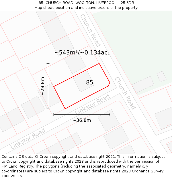 85, CHURCH ROAD, WOOLTON, LIVERPOOL, L25 6DB: Plot and title map