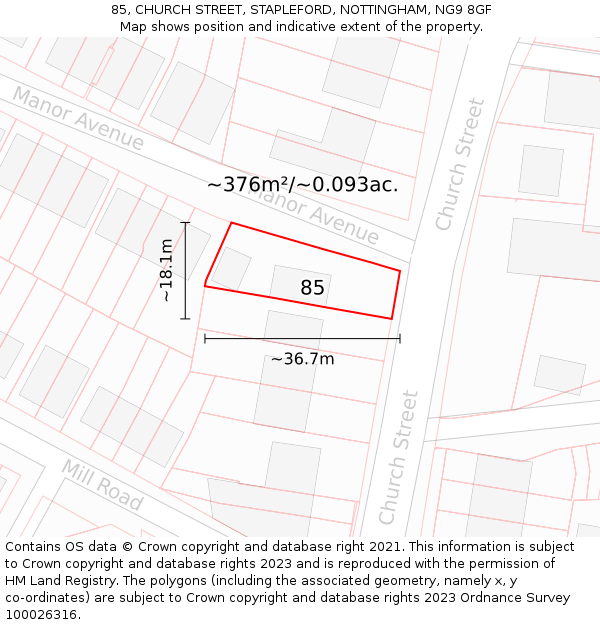 85, CHURCH STREET, STAPLEFORD, NOTTINGHAM, NG9 8GF: Plot and title map