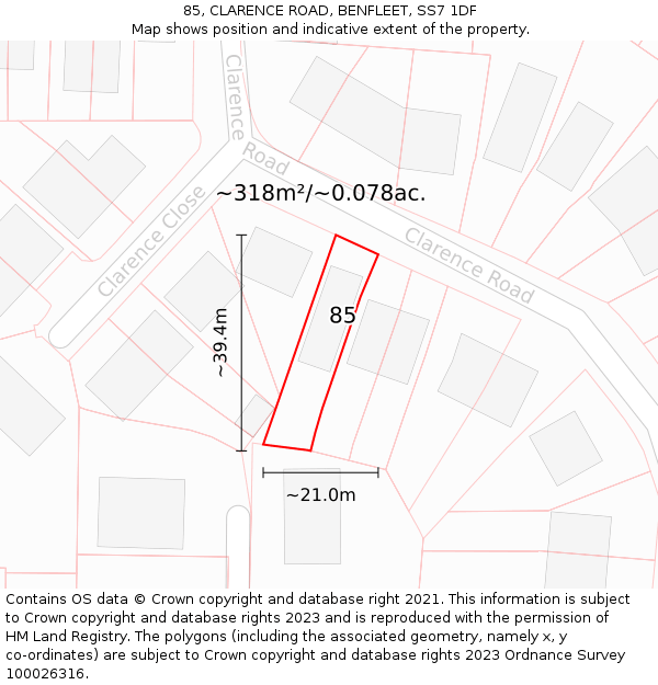 85, CLARENCE ROAD, BENFLEET, SS7 1DF: Plot and title map