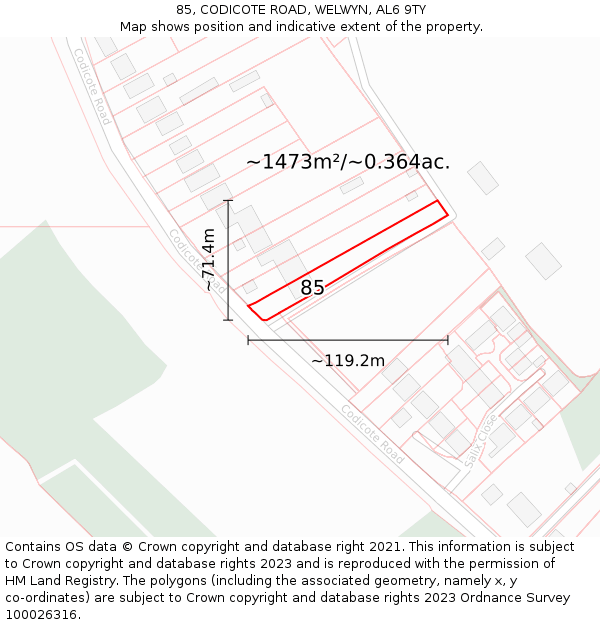 85, CODICOTE ROAD, WELWYN, AL6 9TY: Plot and title map