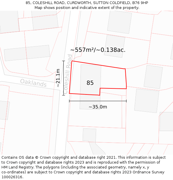 85, COLESHILL ROAD, CURDWORTH, SUTTON COLDFIELD, B76 9HP: Plot and title map