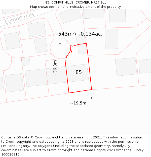 85, COMPIT HILLS, CROMER, NR27 9LL: Plot and title map