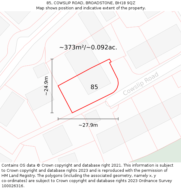 85, COWSLIP ROAD, BROADSTONE, BH18 9QZ: Plot and title map