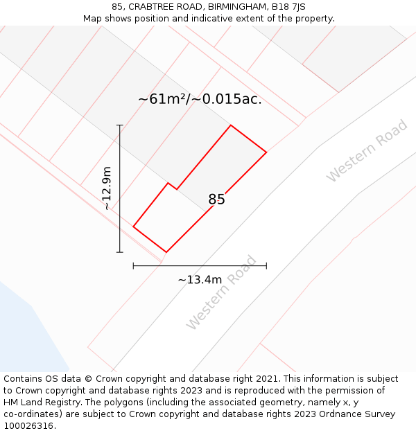 85, CRABTREE ROAD, BIRMINGHAM, B18 7JS: Plot and title map