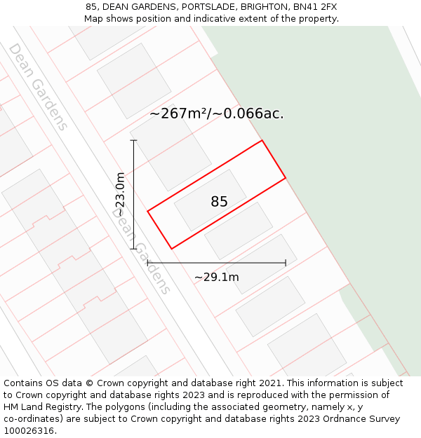 85, DEAN GARDENS, PORTSLADE, BRIGHTON, BN41 2FX: Plot and title map
