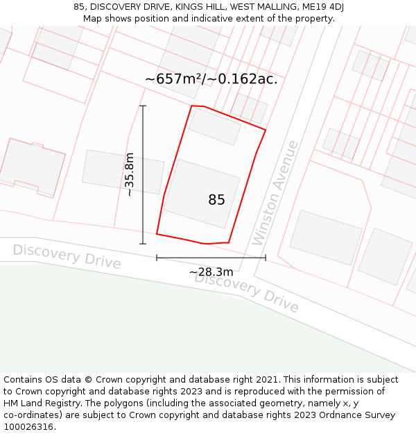 85, DISCOVERY DRIVE, KINGS HILL, WEST MALLING, ME19 4DJ: Plot and title map