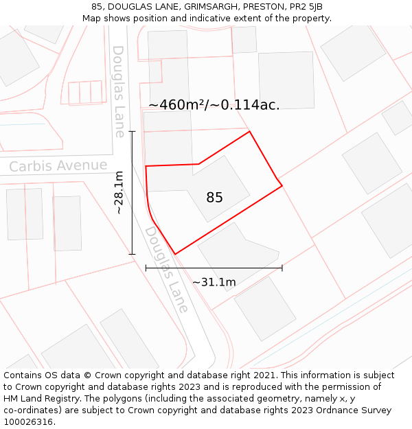 85, DOUGLAS LANE, GRIMSARGH, PRESTON, PR2 5JB: Plot and title map
