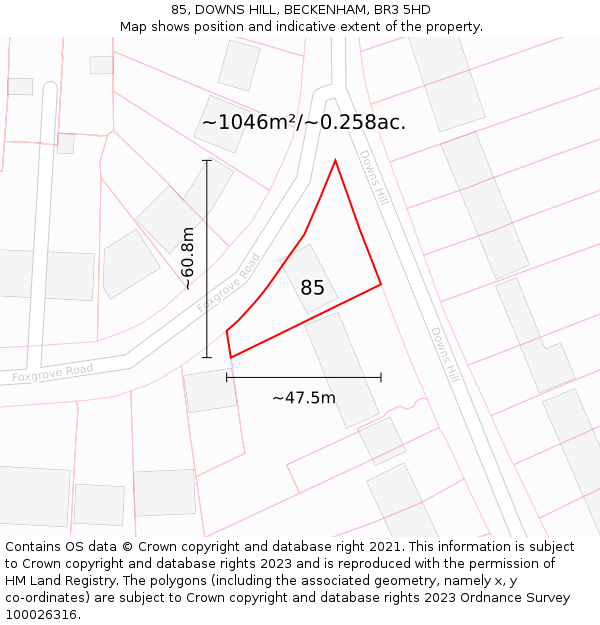 85, DOWNS HILL, BECKENHAM, BR3 5HD: Plot and title map