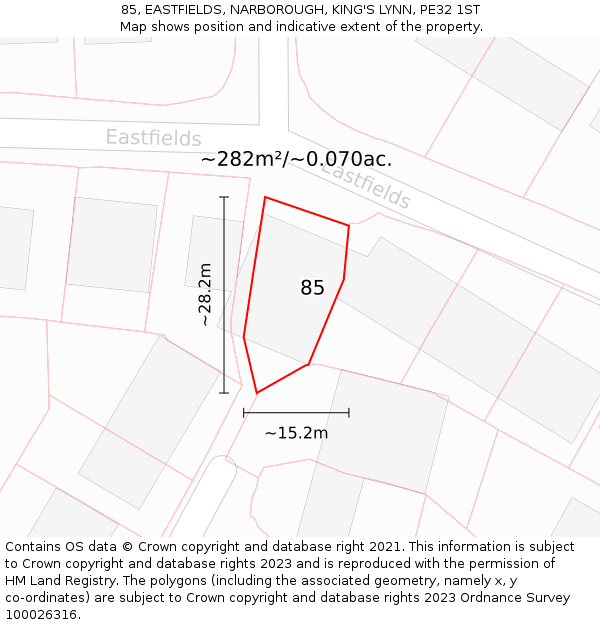 85, EASTFIELDS, NARBOROUGH, KING'S LYNN, PE32 1ST: Plot and title map