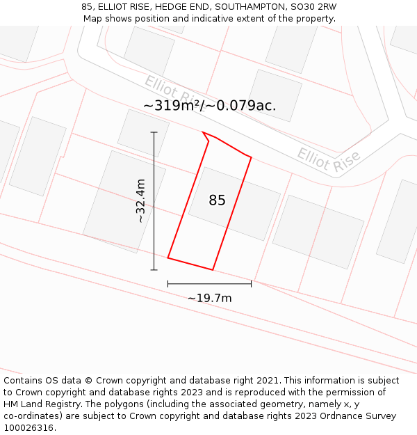 85, ELLIOT RISE, HEDGE END, SOUTHAMPTON, SO30 2RW: Plot and title map