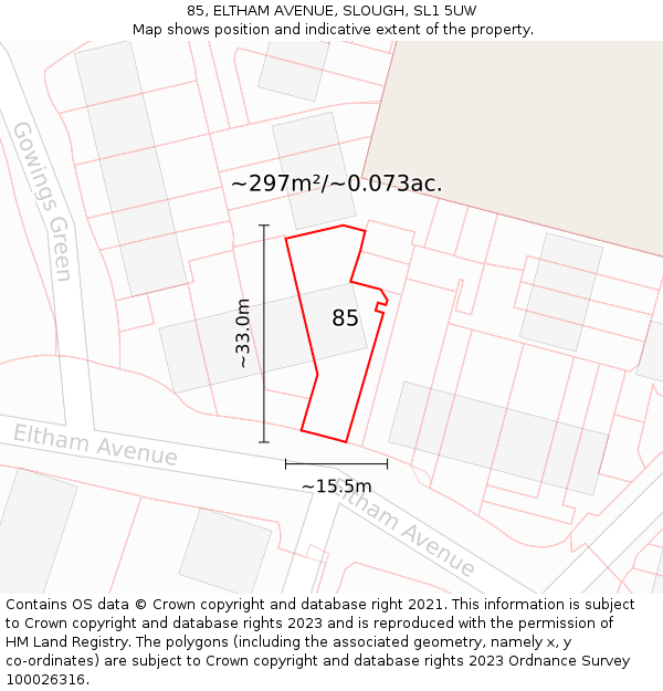 85, ELTHAM AVENUE, SLOUGH, SL1 5UW: Plot and title map