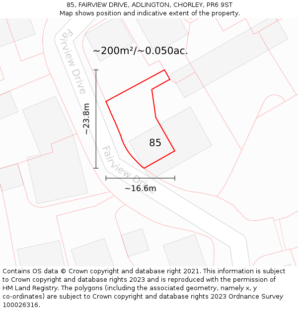85, FAIRVIEW DRIVE, ADLINGTON, CHORLEY, PR6 9ST: Plot and title map