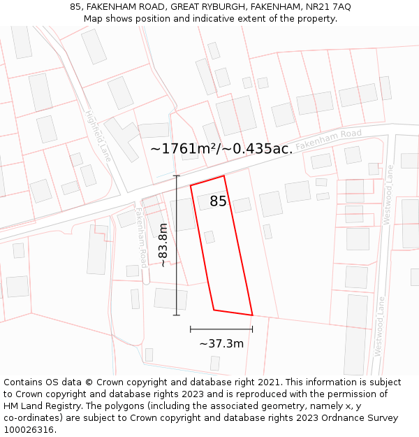 85, FAKENHAM ROAD, GREAT RYBURGH, FAKENHAM, NR21 7AQ: Plot and title map