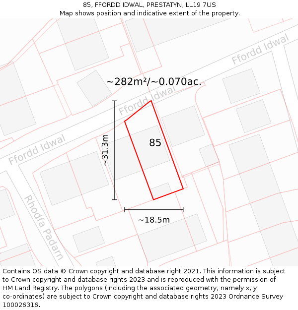 85, FFORDD IDWAL, PRESTATYN, LL19 7US: Plot and title map