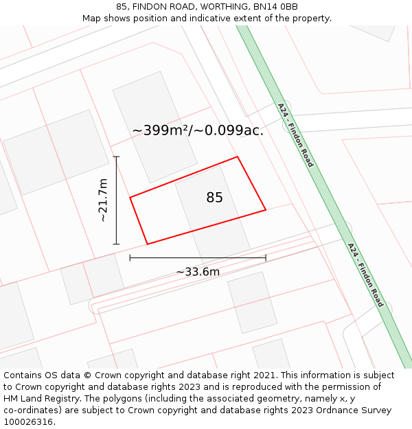 85, FINDON ROAD, WORTHING, BN14 0BB: Plot and title map
