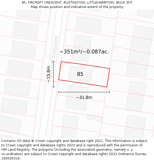 85, FIRCROFT CRESCENT, RUSTINGTON, LITTLEHAMPTON, BN16 3HT: Plot and title map