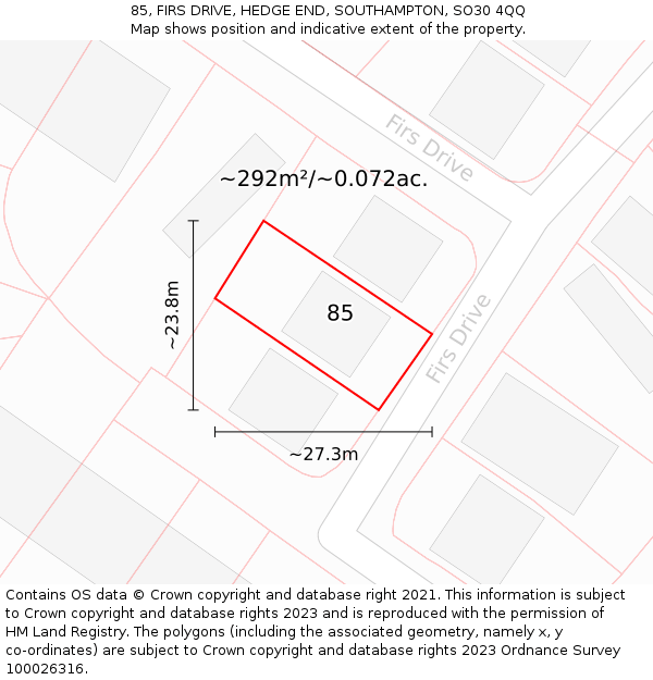 85, FIRS DRIVE, HEDGE END, SOUTHAMPTON, SO30 4QQ: Plot and title map