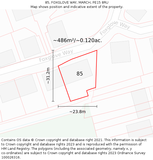 85, FOXGLOVE WAY, MARCH, PE15 8RU: Plot and title map