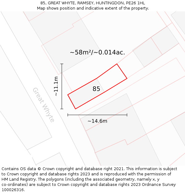 85, GREAT WHYTE, RAMSEY, HUNTINGDON, PE26 1HL: Plot and title map