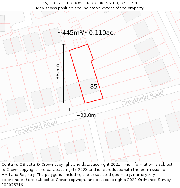 85, GREATFIELD ROAD, KIDDERMINSTER, DY11 6PE: Plot and title map