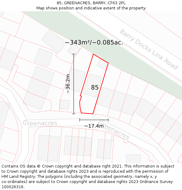 85, GREENACRES, BARRY, CF63 2PL: Plot and title map