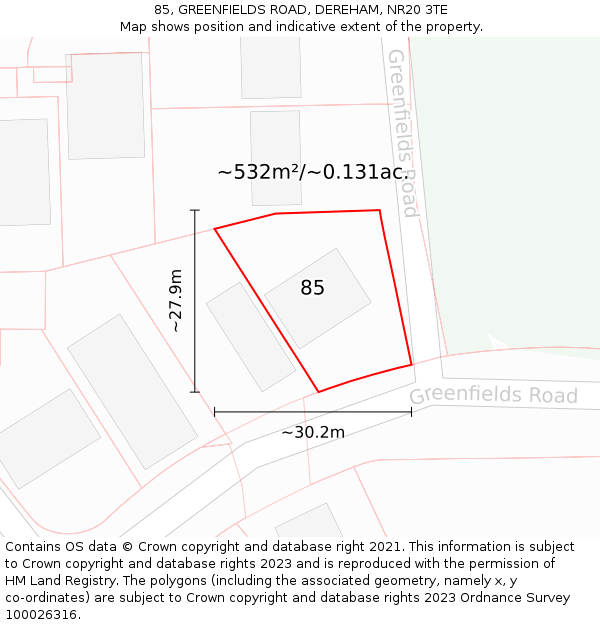 85, GREENFIELDS ROAD, DEREHAM, NR20 3TE: Plot and title map