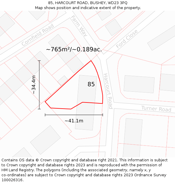 85, HARCOURT ROAD, BUSHEY, WD23 3PQ: Plot and title map