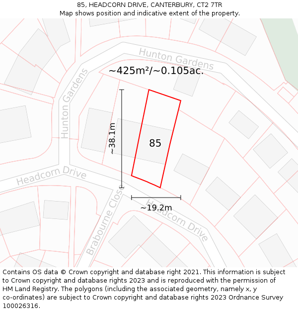 85, HEADCORN DRIVE, CANTERBURY, CT2 7TR: Plot and title map