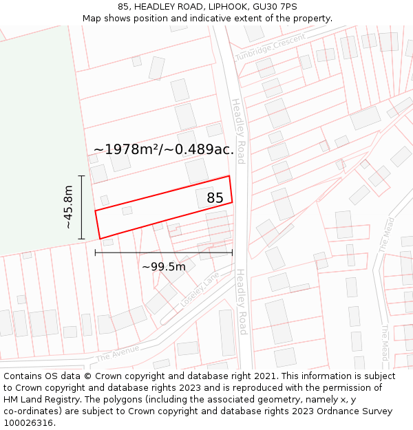 85, HEADLEY ROAD, LIPHOOK, GU30 7PS: Plot and title map