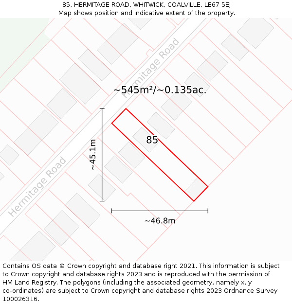 85, HERMITAGE ROAD, WHITWICK, COALVILLE, LE67 5EJ: Plot and title map