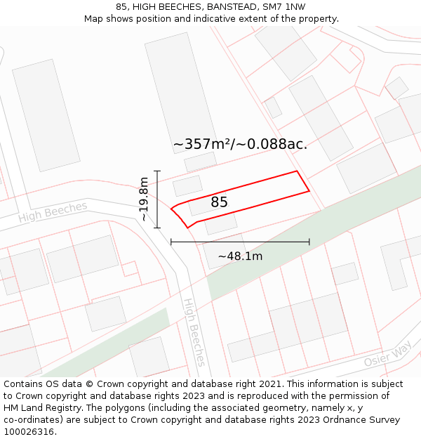 85, HIGH BEECHES, BANSTEAD, SM7 1NW: Plot and title map