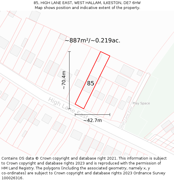 85, HIGH LANE EAST, WEST HALLAM, ILKESTON, DE7 6HW: Plot and title map