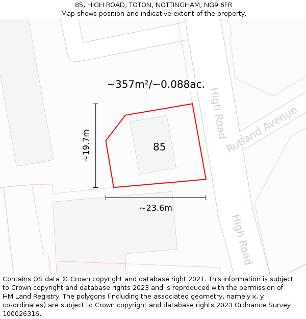 85, HIGH ROAD, TOTON, NOTTINGHAM, NG9 6FR: Plot and title map