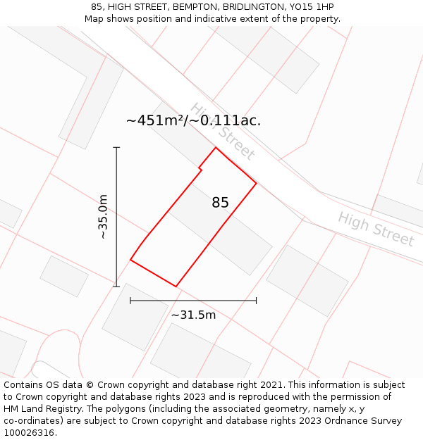 85, HIGH STREET, BEMPTON, BRIDLINGTON, YO15 1HP: Plot and title map
