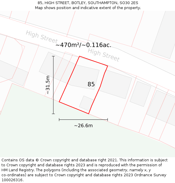 85, HIGH STREET, BOTLEY, SOUTHAMPTON, SO30 2ES: Plot and title map