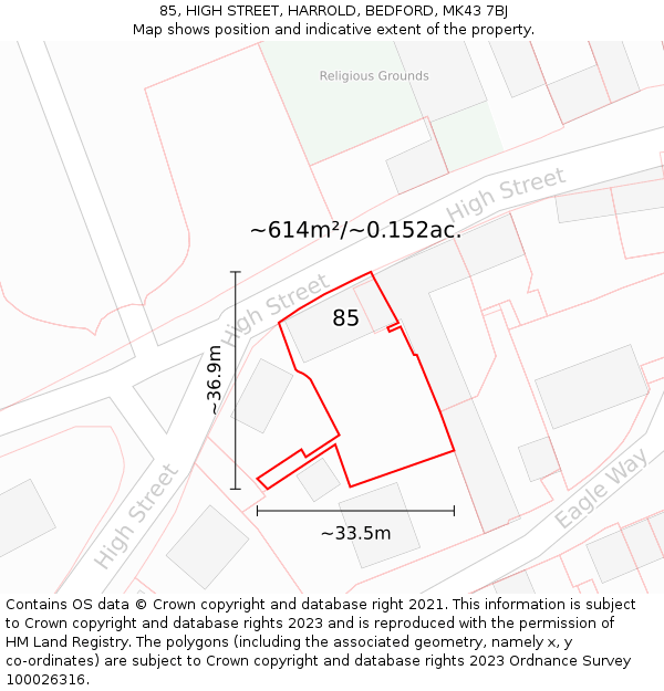 85, HIGH STREET, HARROLD, BEDFORD, MK43 7BJ: Plot and title map