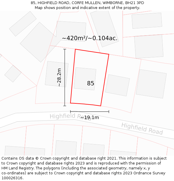 85, HIGHFIELD ROAD, CORFE MULLEN, WIMBORNE, BH21 3PD: Plot and title map