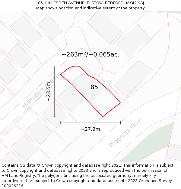 85, HILLESDEN AVENUE, ELSTOW, BEDFORD, MK42 9AJ: Plot and title map