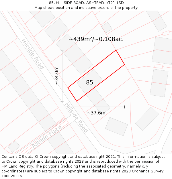 85, HILLSIDE ROAD, ASHTEAD, KT21 1SD: Plot and title map