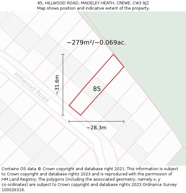 85, HILLWOOD ROAD, MADELEY HEATH, CREWE, CW3 9JZ: Plot and title map