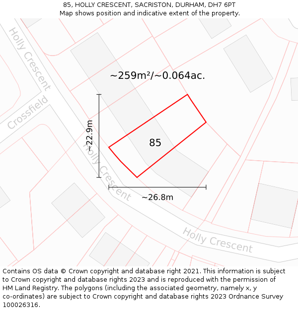 85, HOLLY CRESCENT, SACRISTON, DURHAM, DH7 6PT: Plot and title map