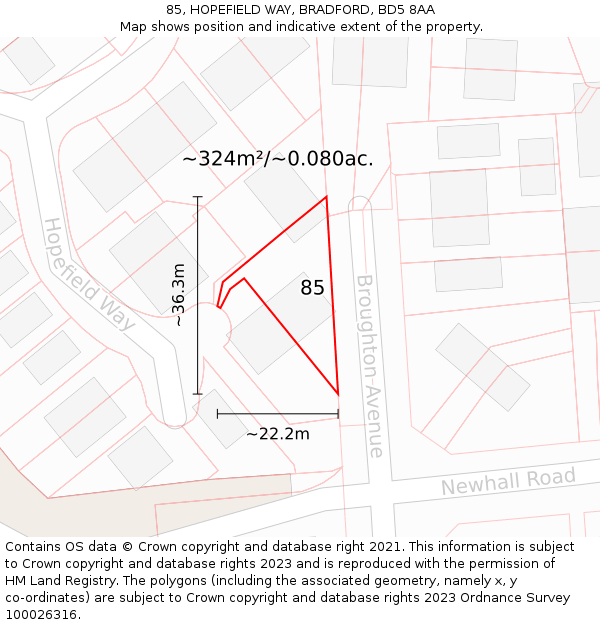 85, HOPEFIELD WAY, BRADFORD, BD5 8AA: Plot and title map