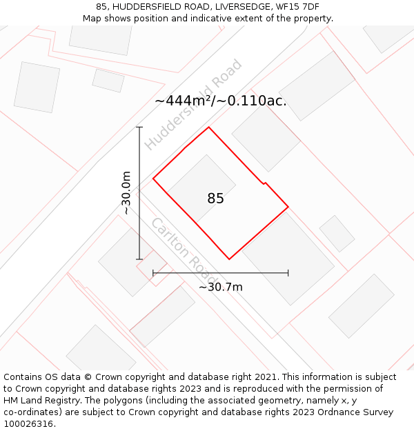 85, HUDDERSFIELD ROAD, LIVERSEDGE, WF15 7DF: Plot and title map